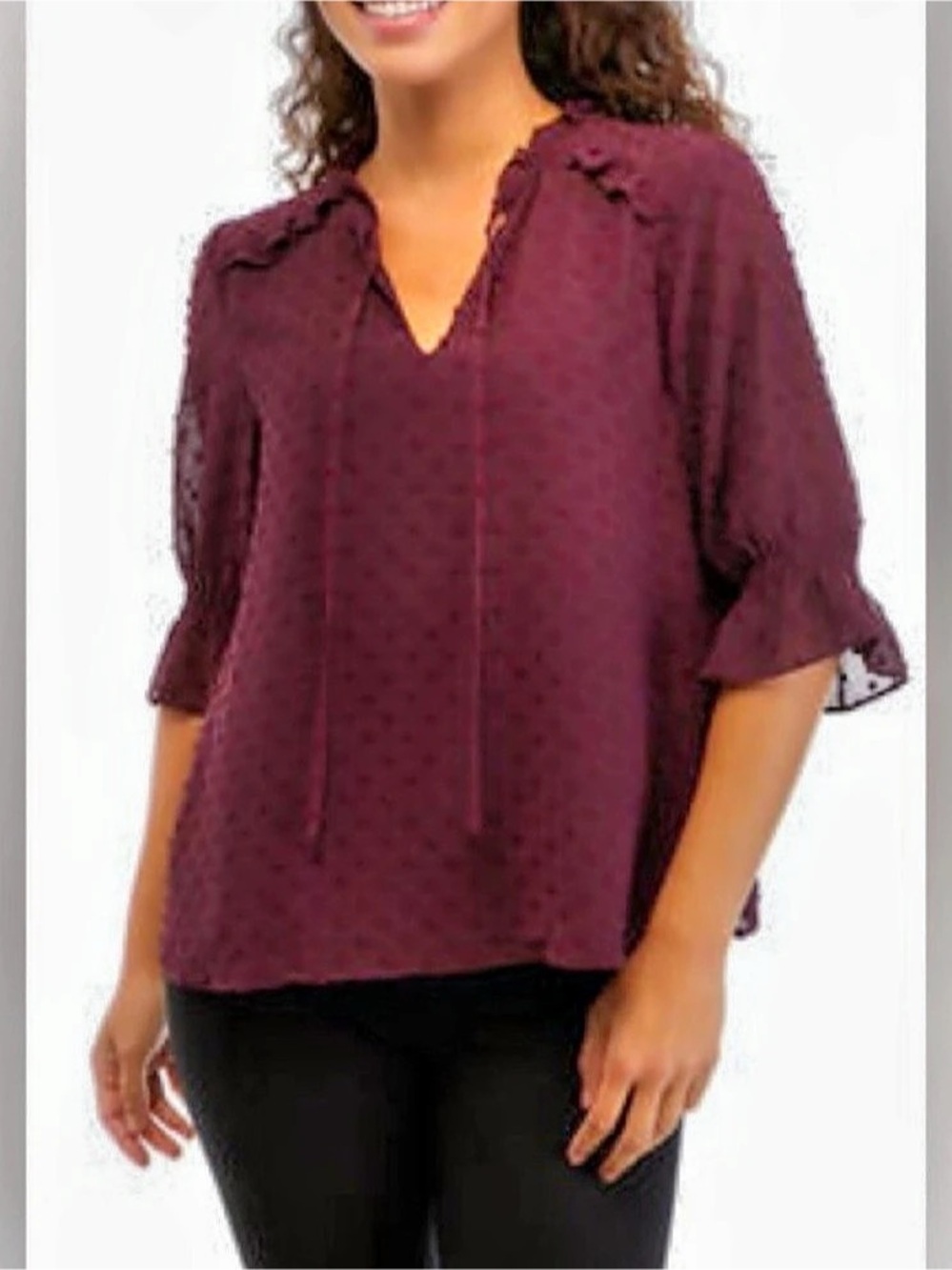 CeCe Swiss Dot Ruffle Sleeve Blouse in Maroon